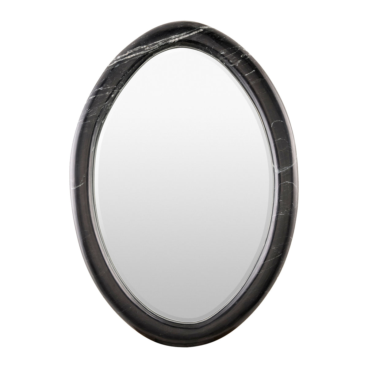 Oval wall mirror with a dark black marble frame featuring subtle white veining, shown against a plain white background.