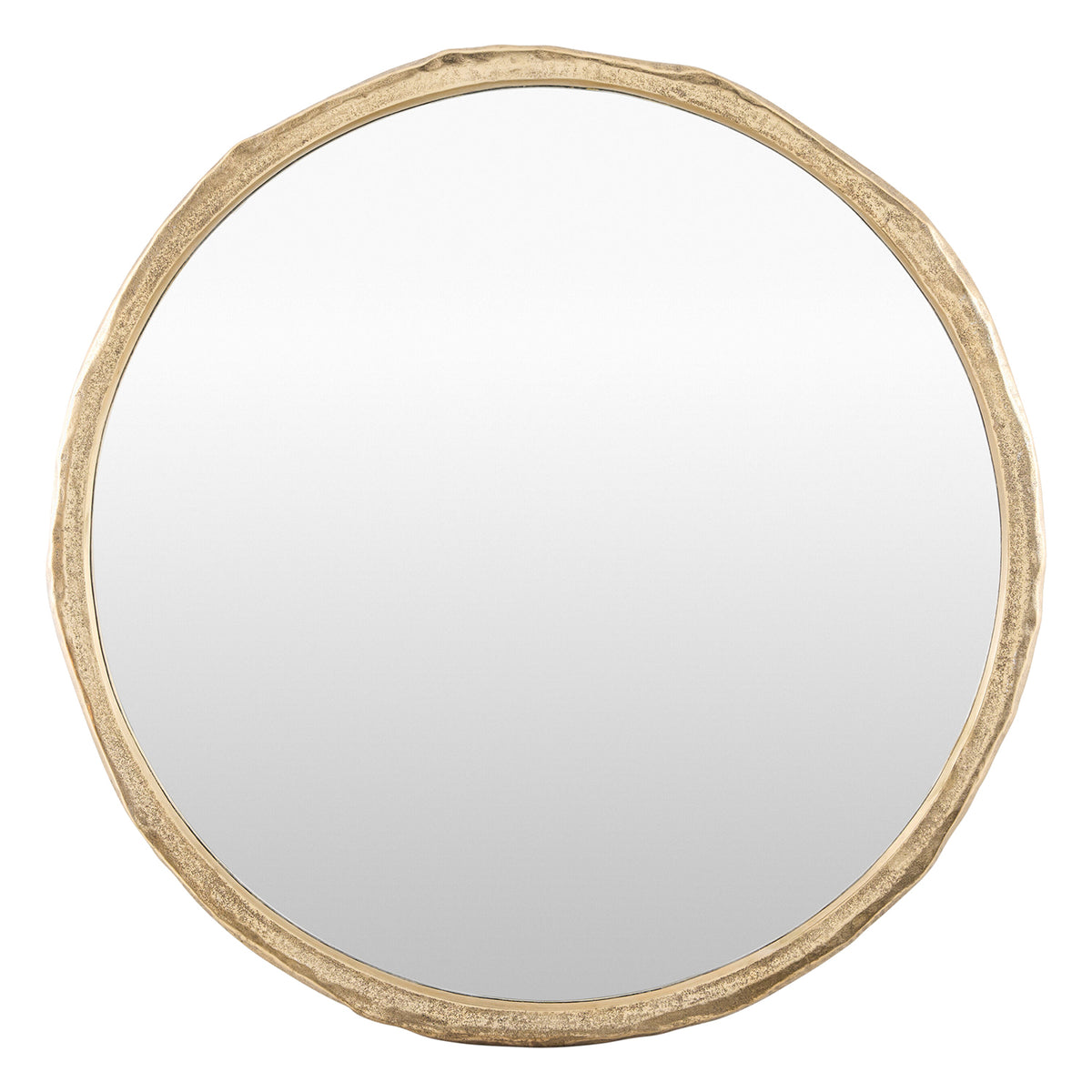 A round wall mirror with a textured, organic-shaped gold frame on a solid white background.