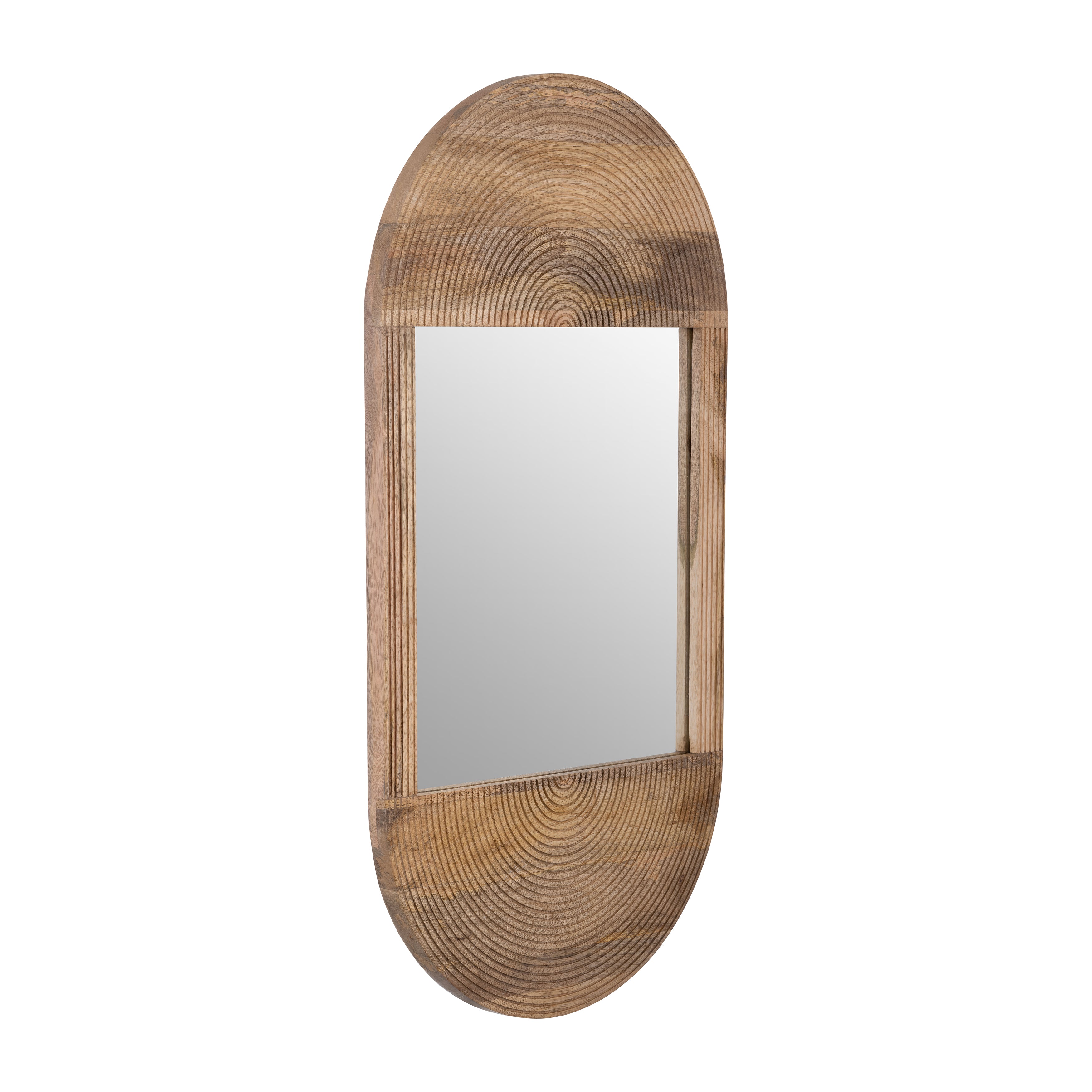 Wooden-framed mirror with wicker back on a white background