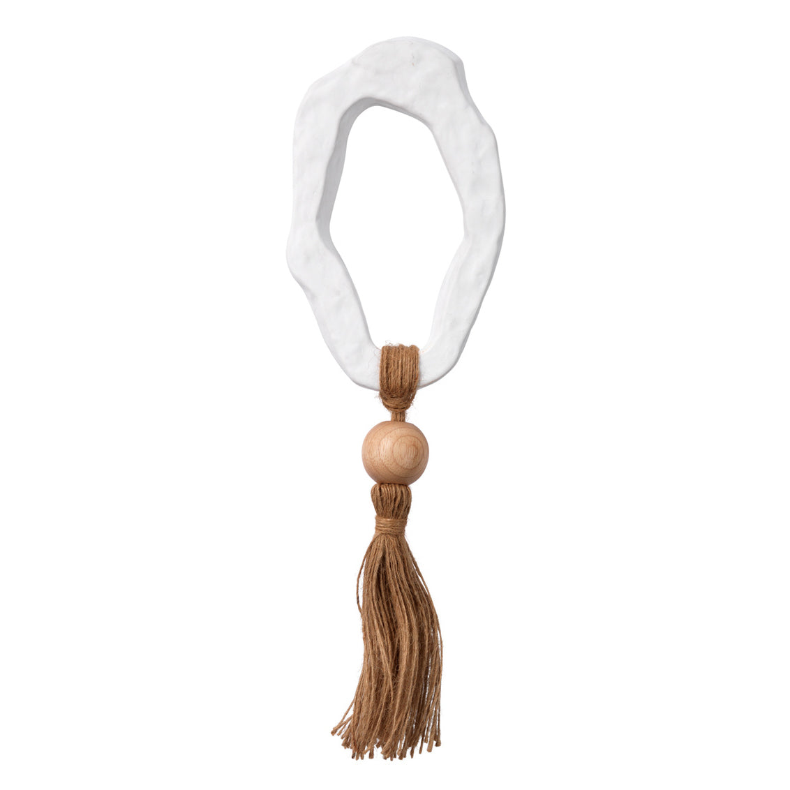 Decorative item with a white ceramic base and brown tassel on a white background