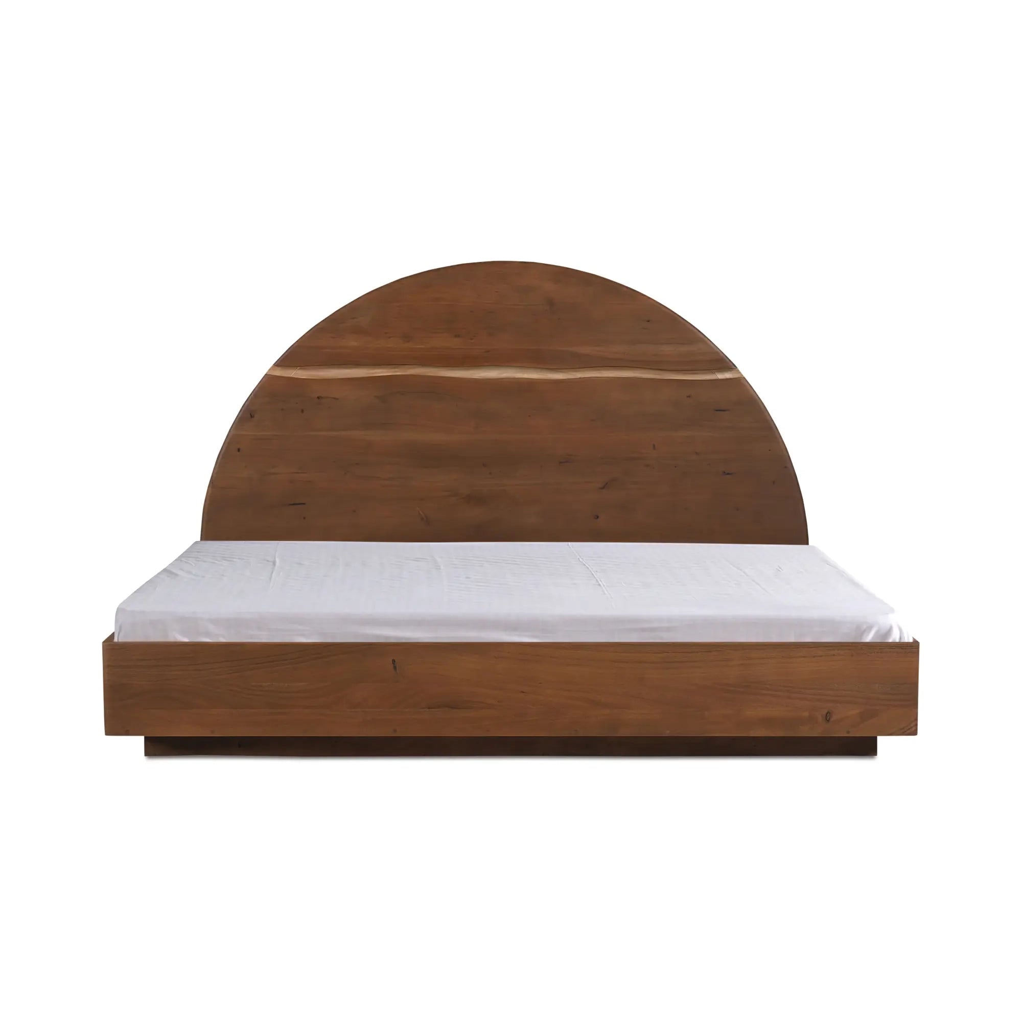 Wooden bed frame with mattress on a white background