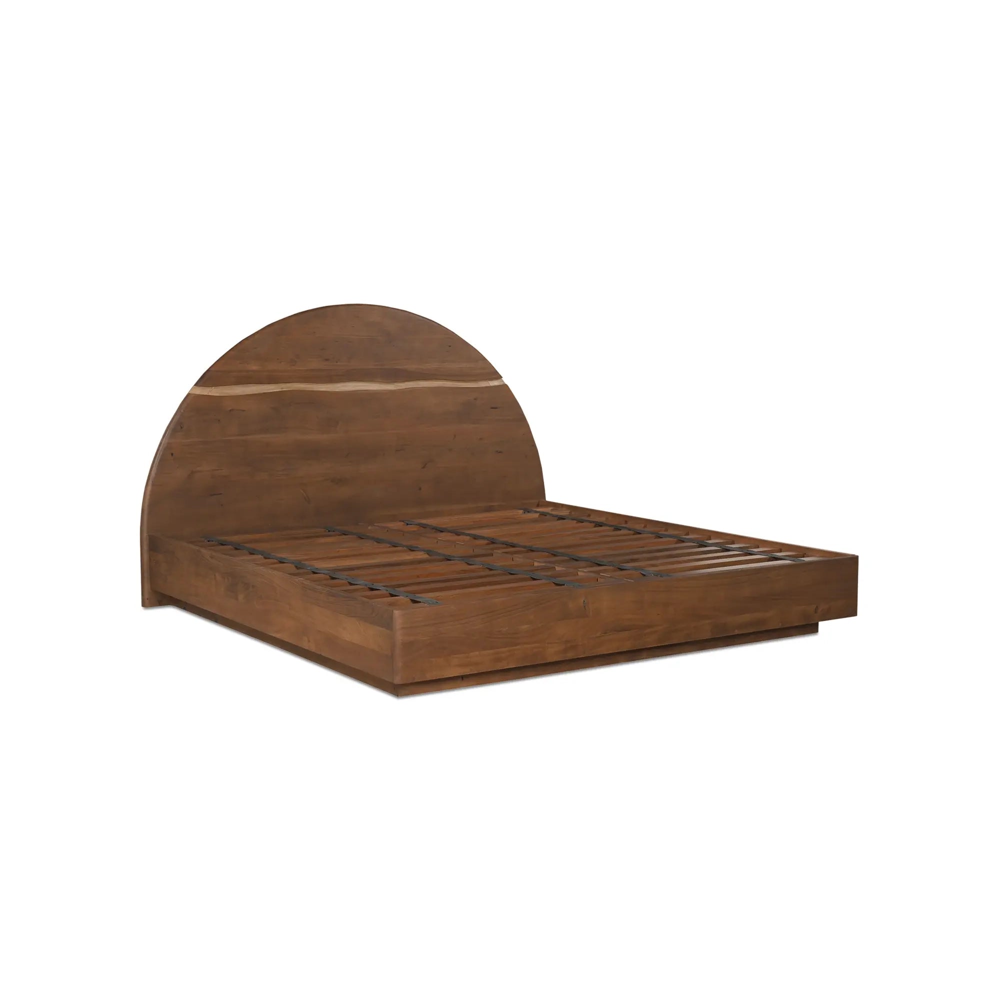 Wooden bed frame with curved headboard on a white background