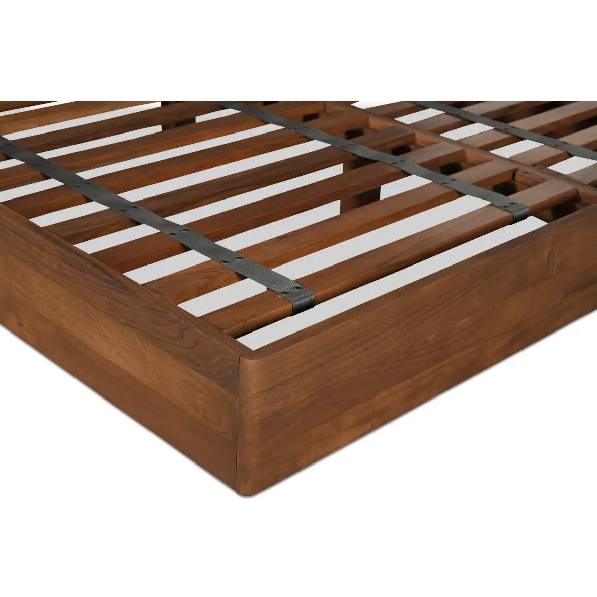 Wooden bed frame with metal straps on a white background