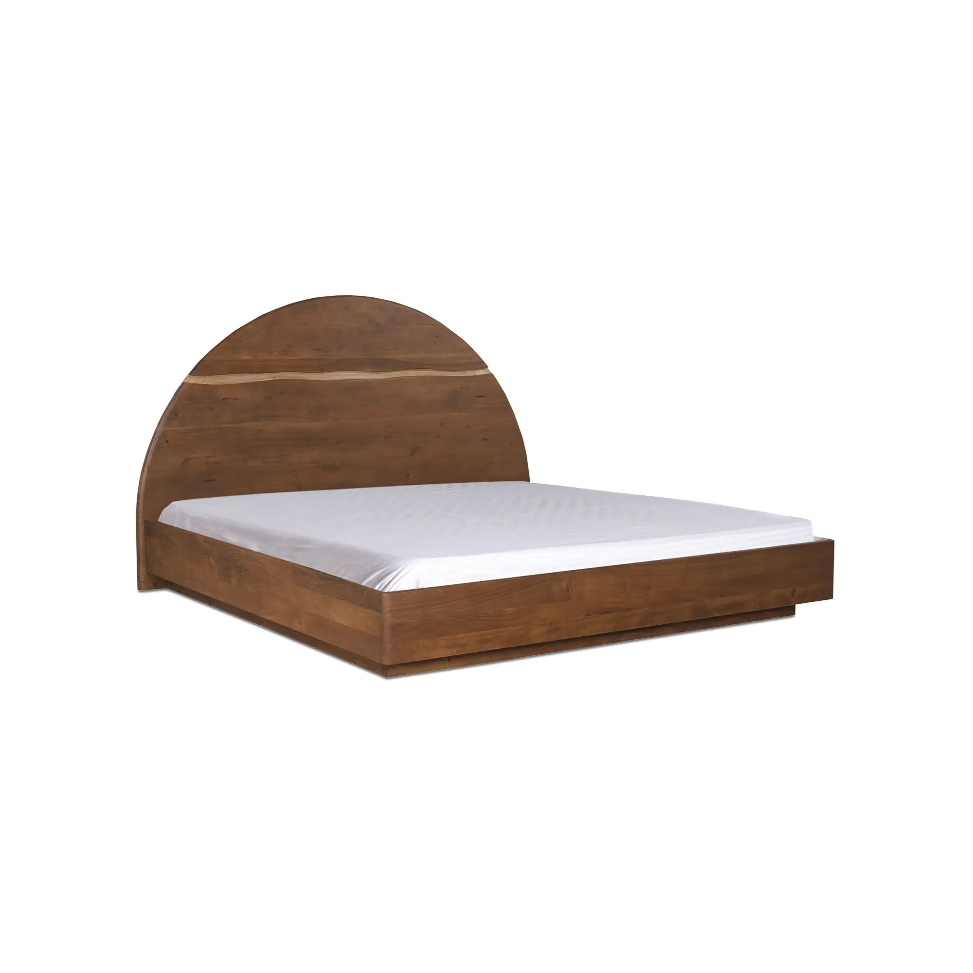 Wooden bed frame with a curved headboard on a white background