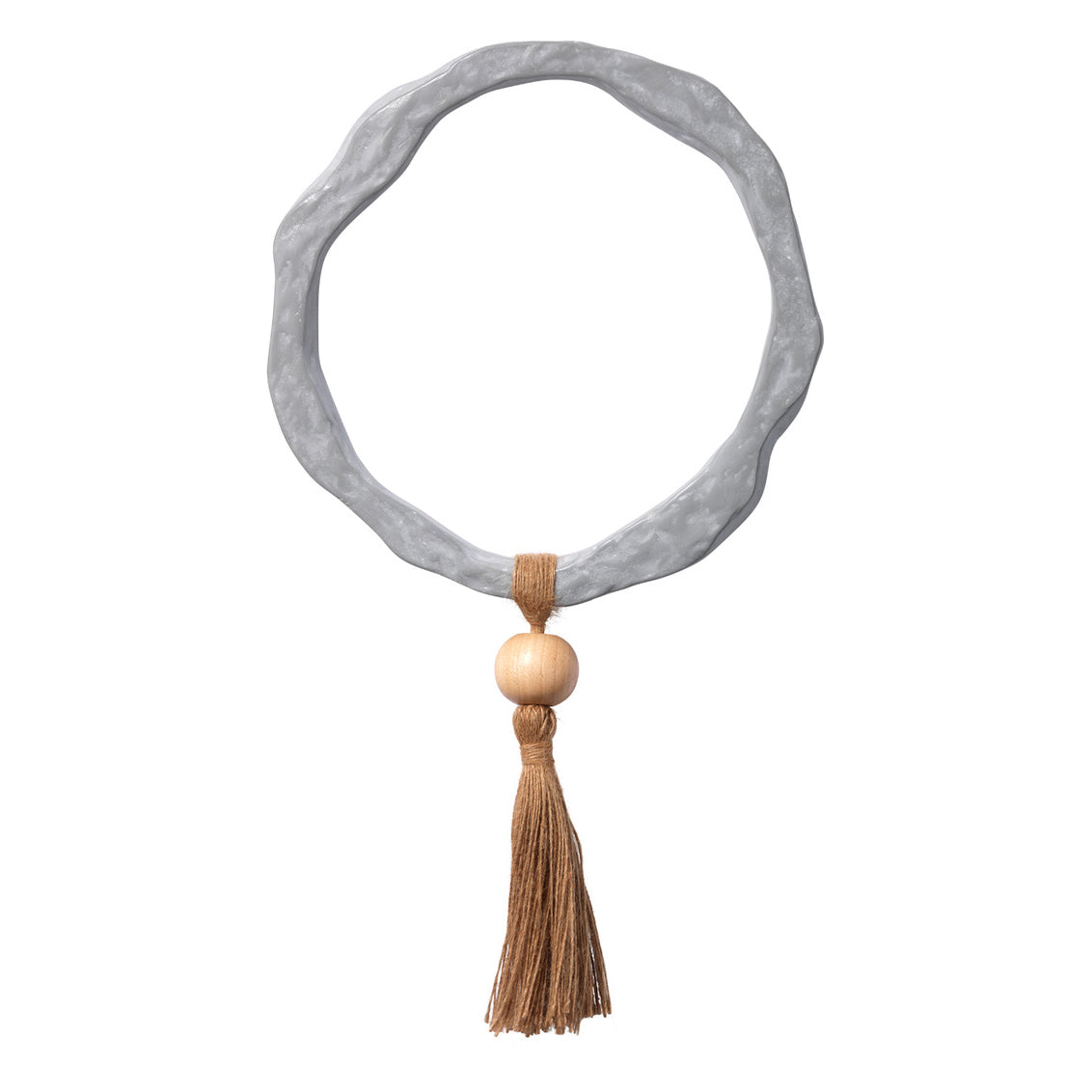 Necklace with a textured gray band and wooden bead and tassel on a white background