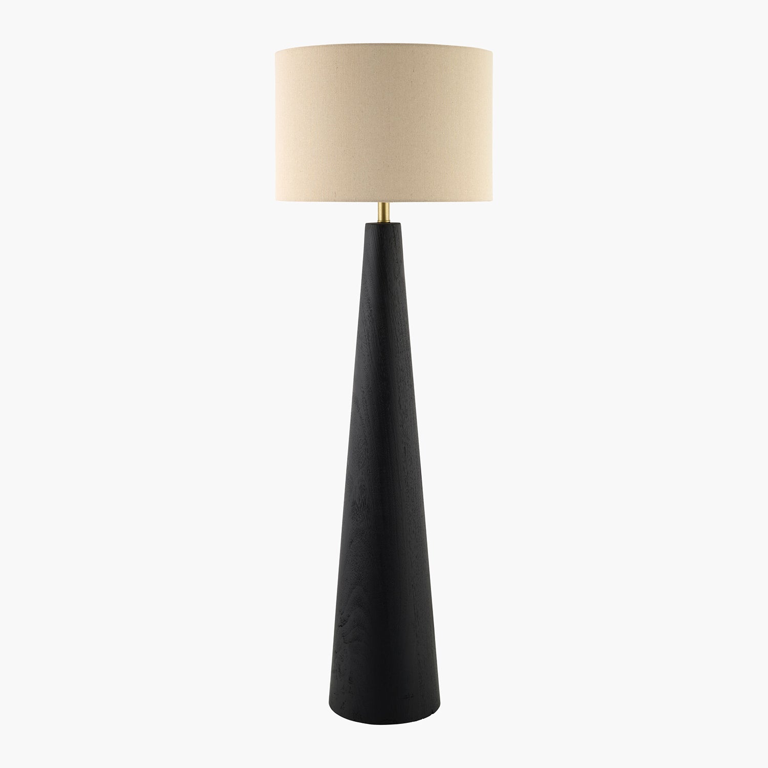 Floor lamp with a black base and beige lampshade on a white background