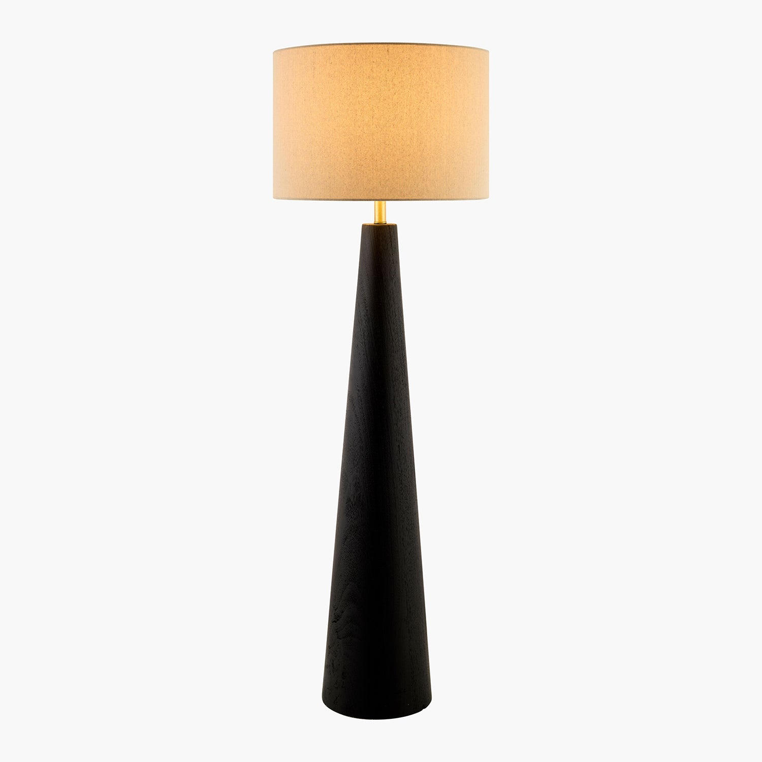 Floor lamp with a black base and beige lampshade on a white background