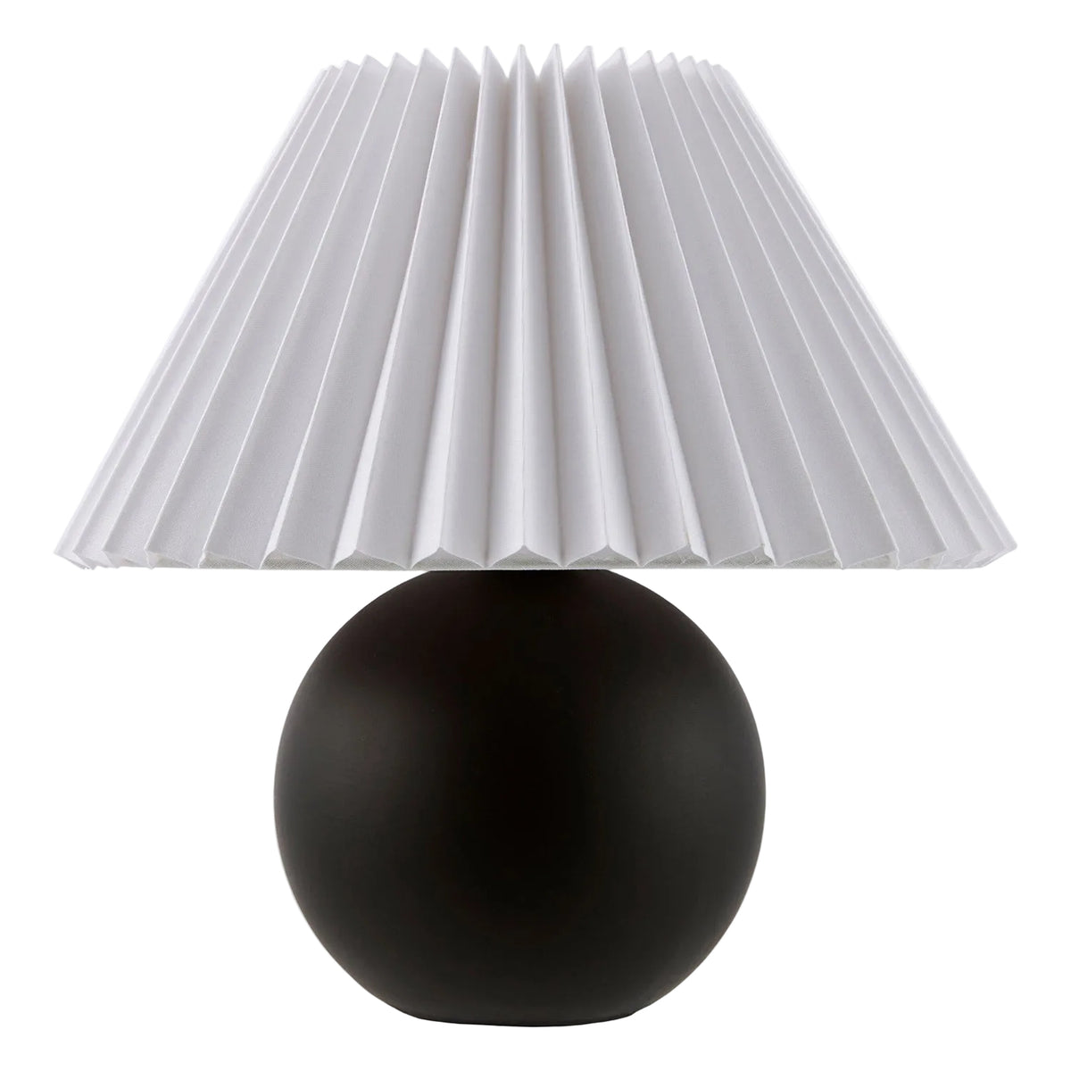 Table lamp with a pleated white shade and round black base on a white background