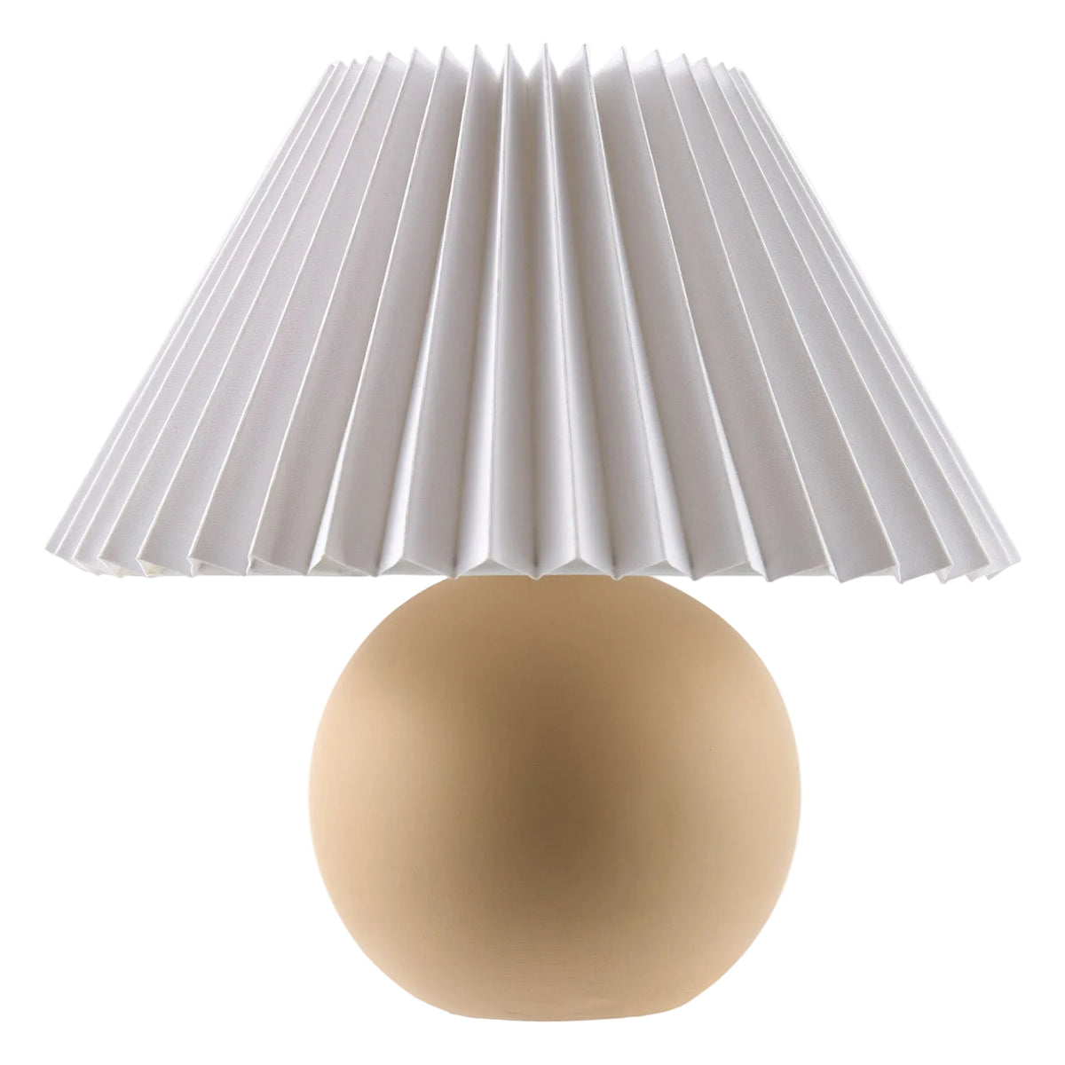 Ceramic Table lamp with a pleated white shade and round beige base on a white background