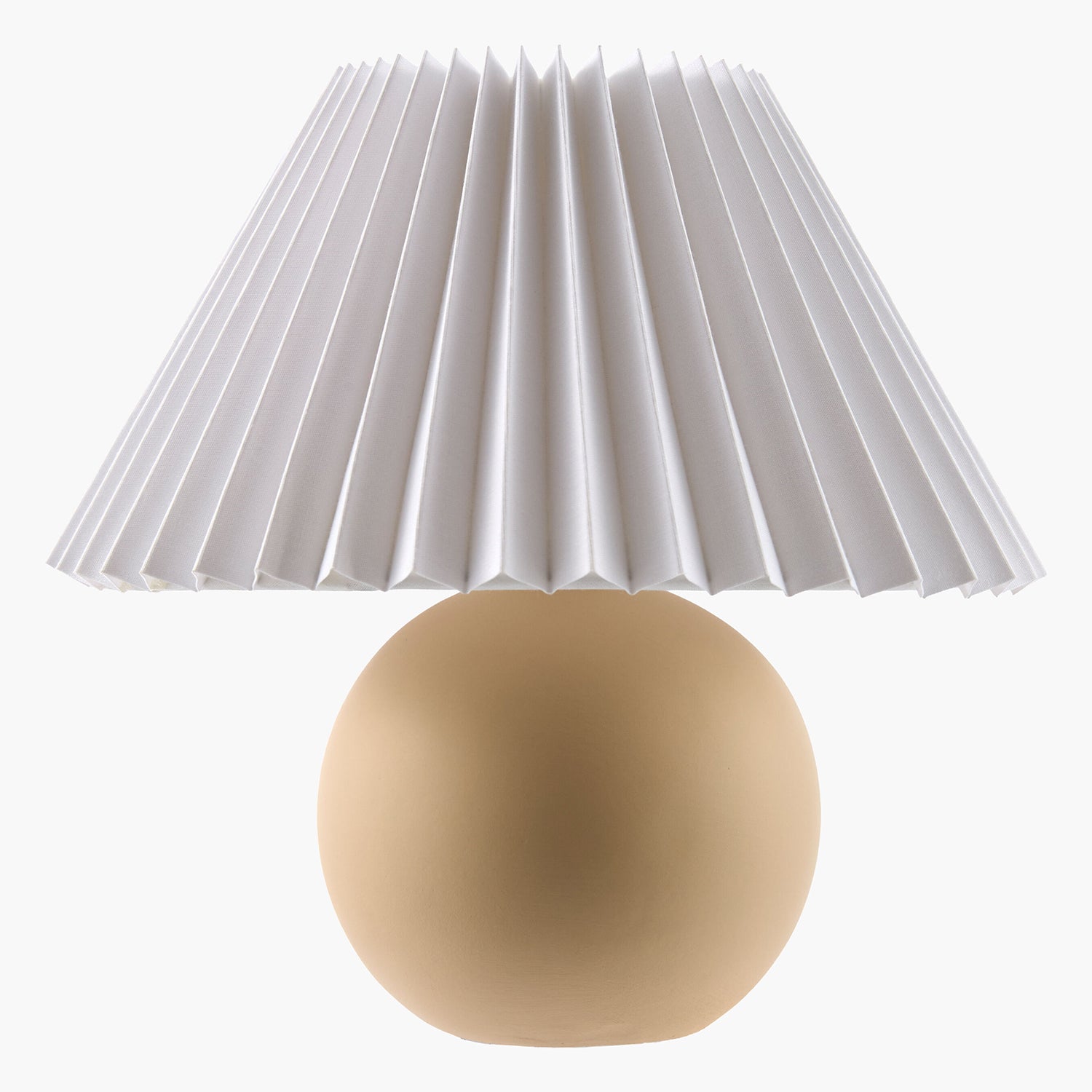 Ceramic Table lamp with a pleated white shade and round beige base on a white background