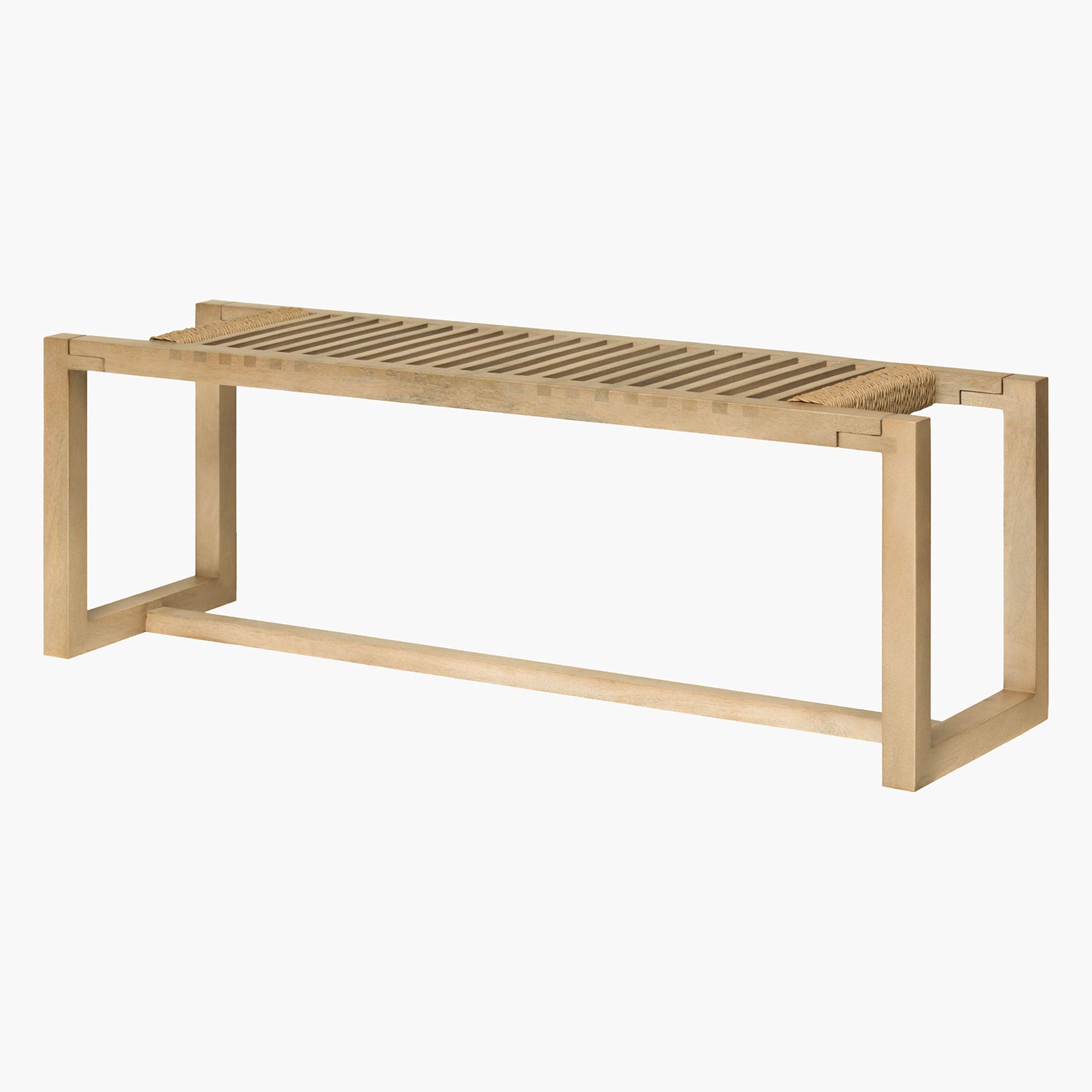 Wooden bench with slatted design on a white background