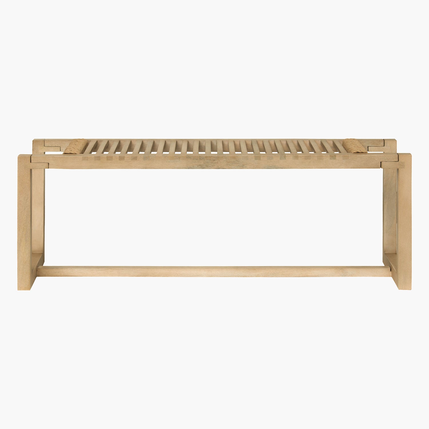 Wooden bench with slatted design on a white background