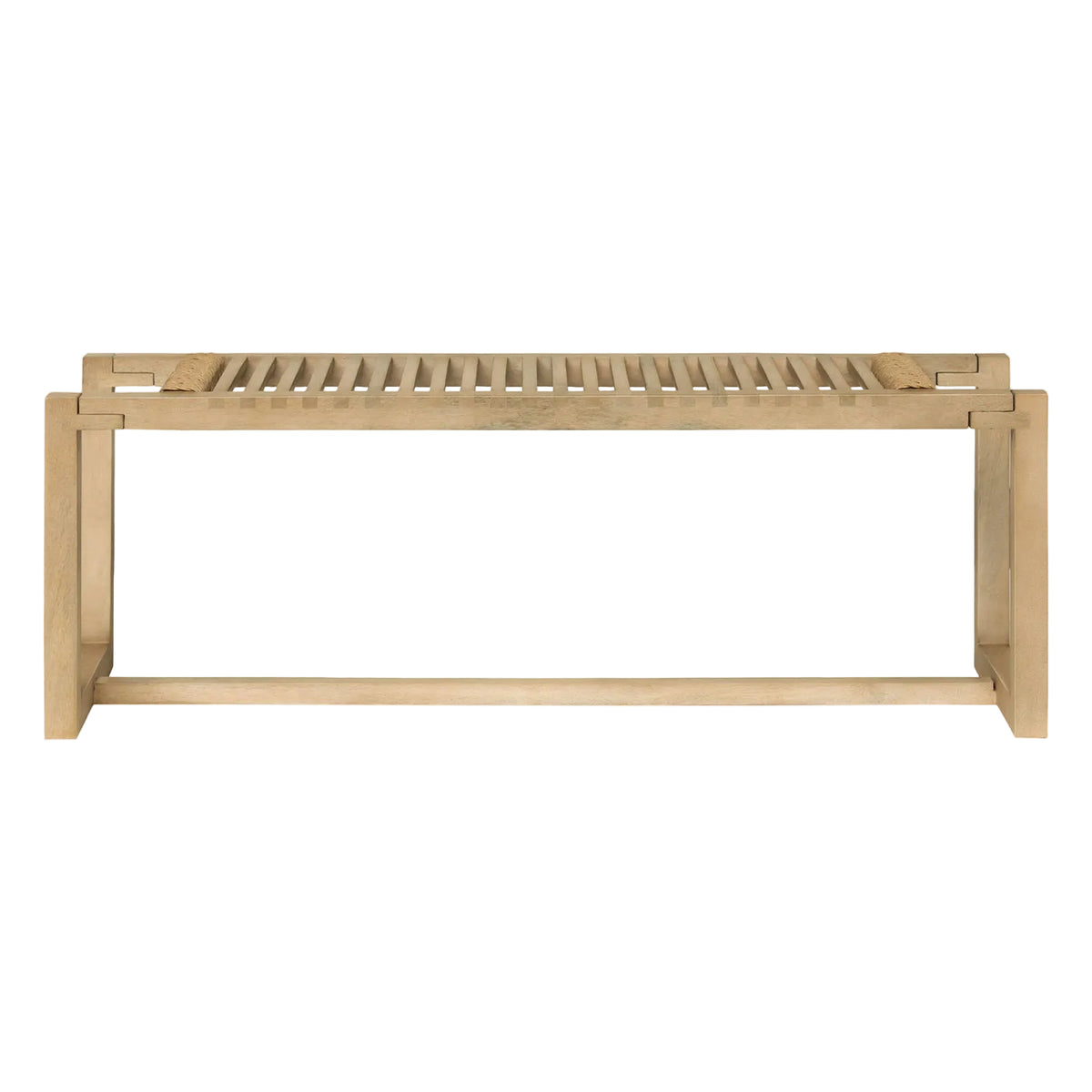 Wooden bench with slatted design on a white background