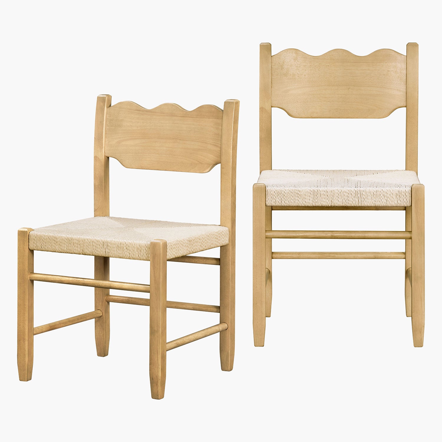 Two wooden chairs with woven seats on a white background