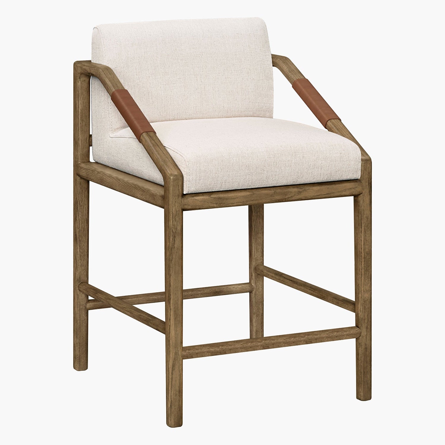 Chair with wooden frame and white cushion on a white background