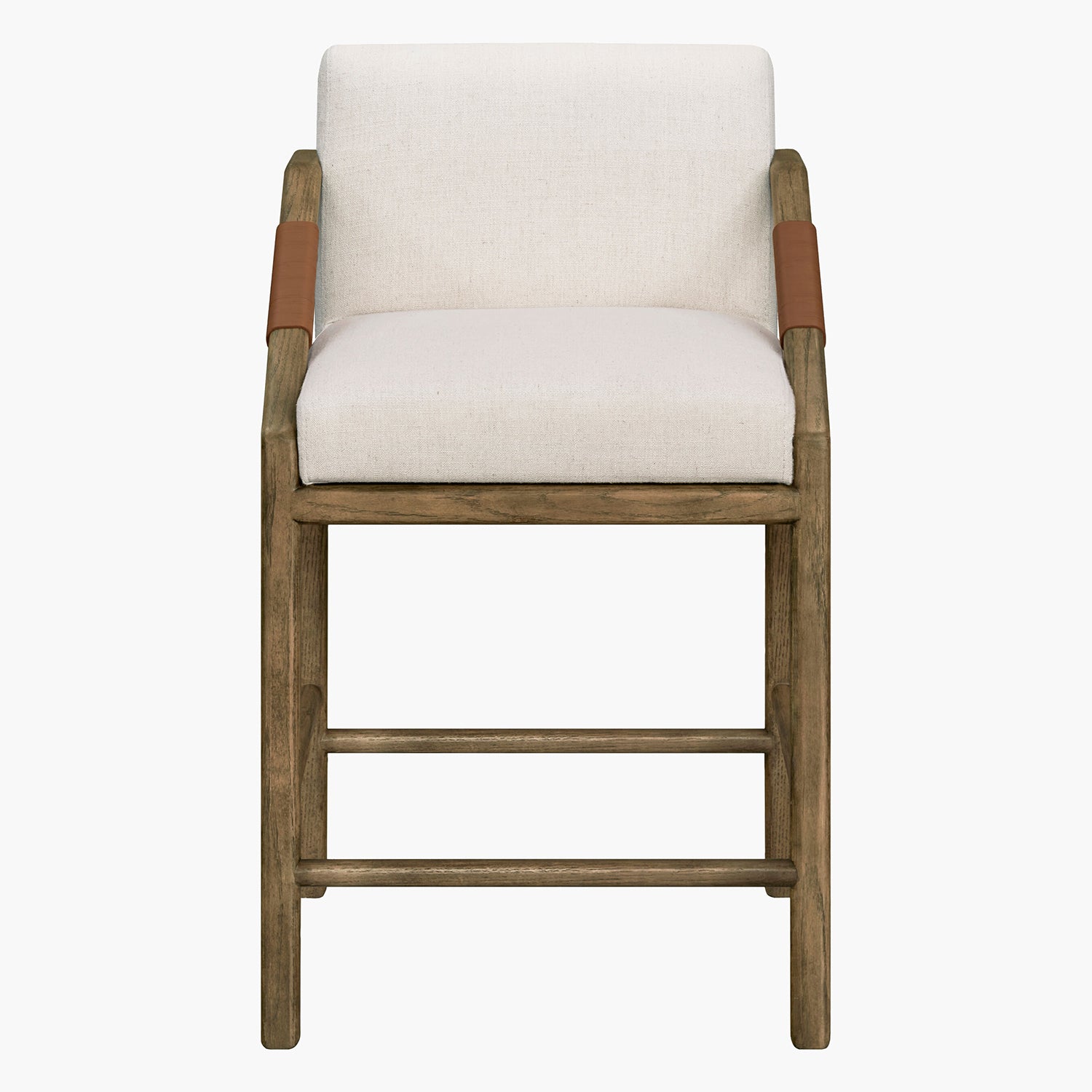 Wooden bar stool with white cushioned seat and backrest on a white background