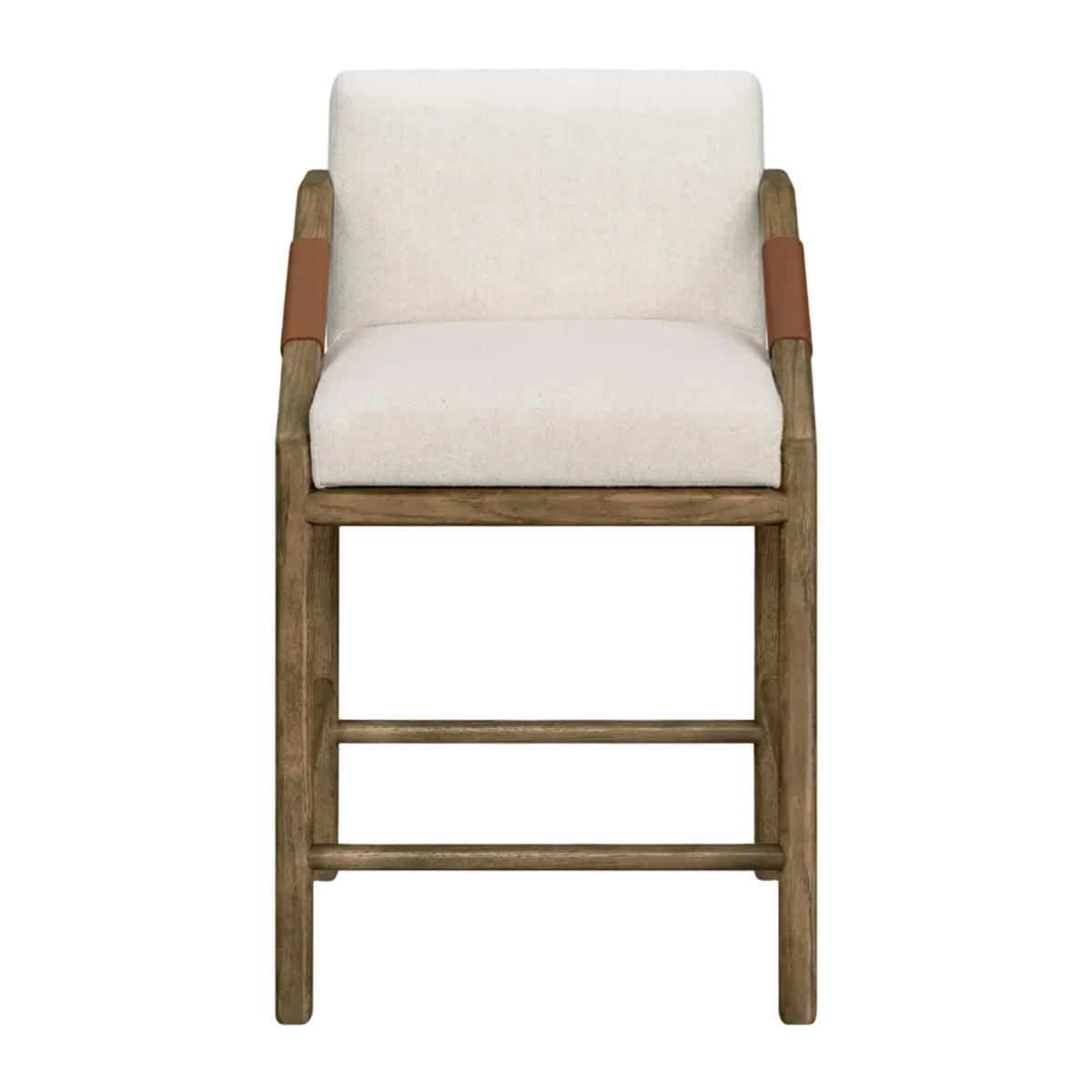 Wooden bar stool with white cushioned seat and backrest on a white background