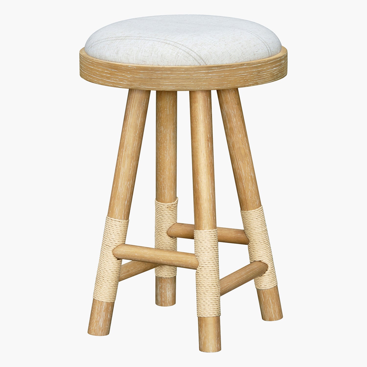 Wooden bar stool with a white cushion on a white background