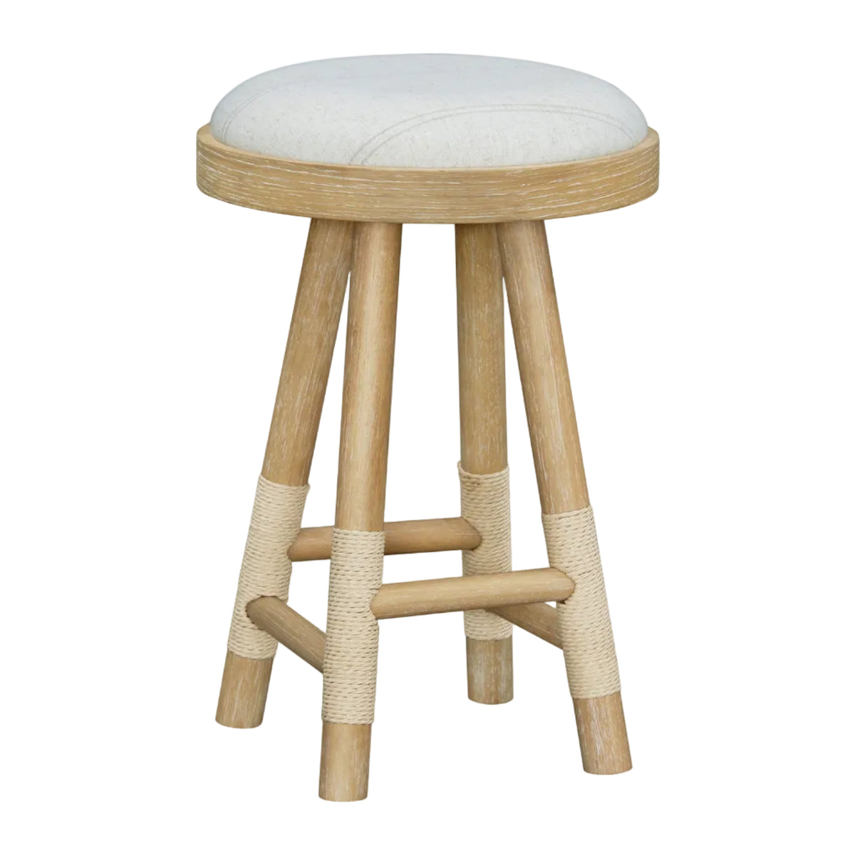 Wooden bar stool with a white cushioned seat on a white background