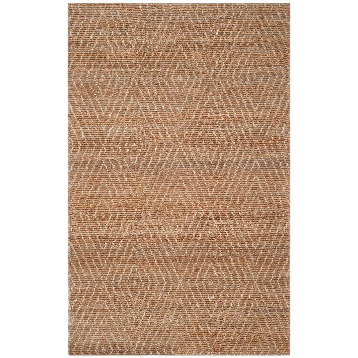 Woven jute geometric rug on white background.