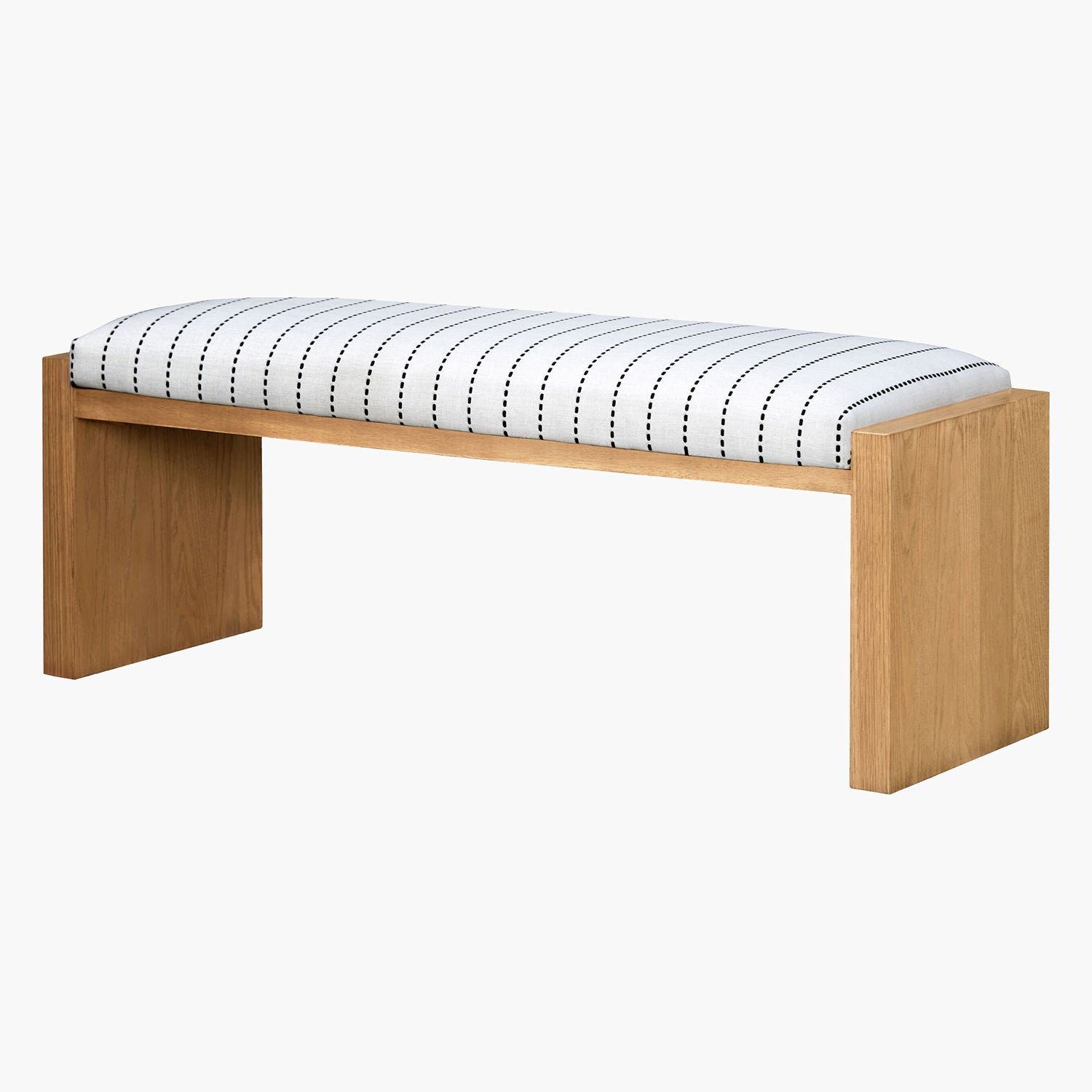 Wooden bench with a striped cushion on a white background