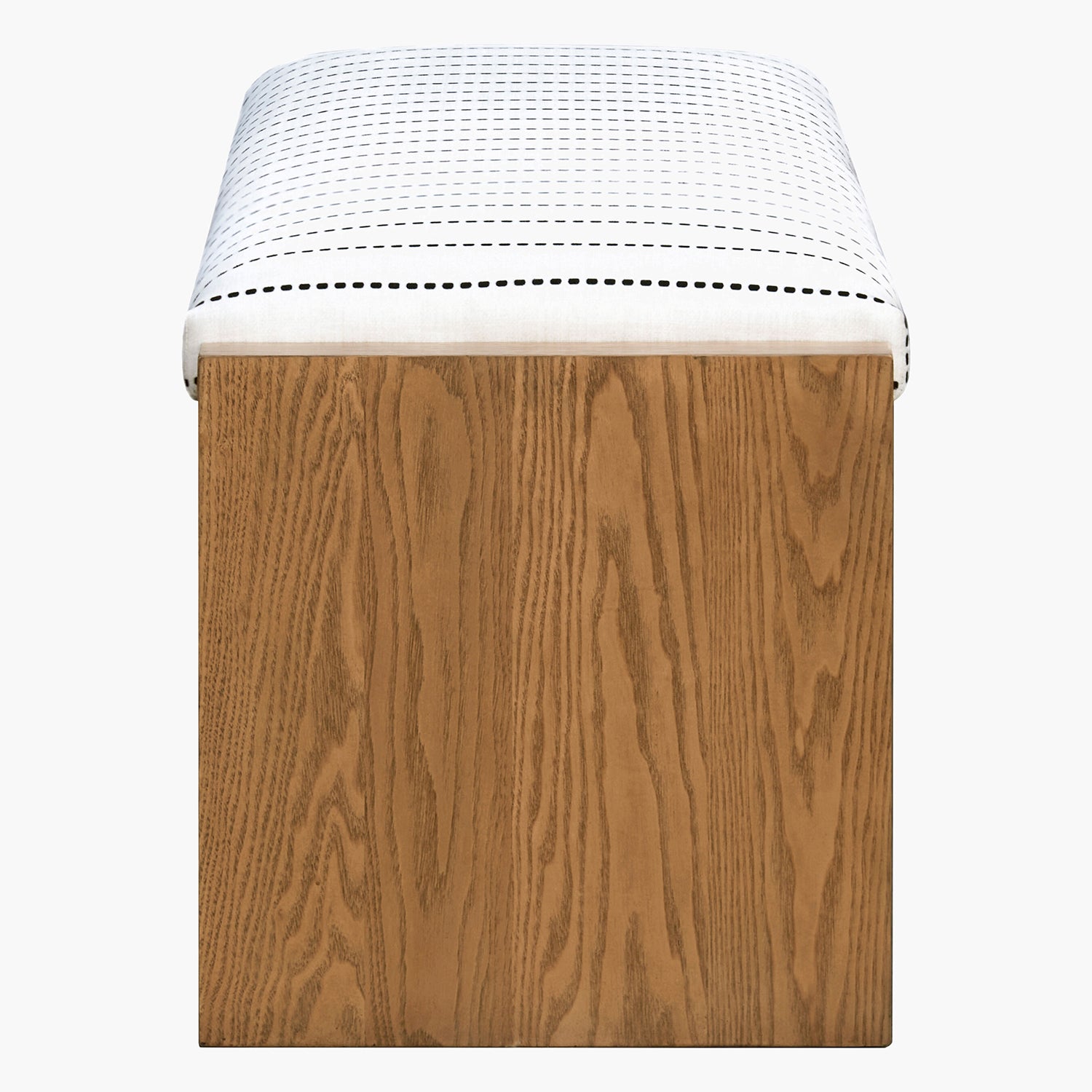 Wooden ottoman with a white cushion on a white background