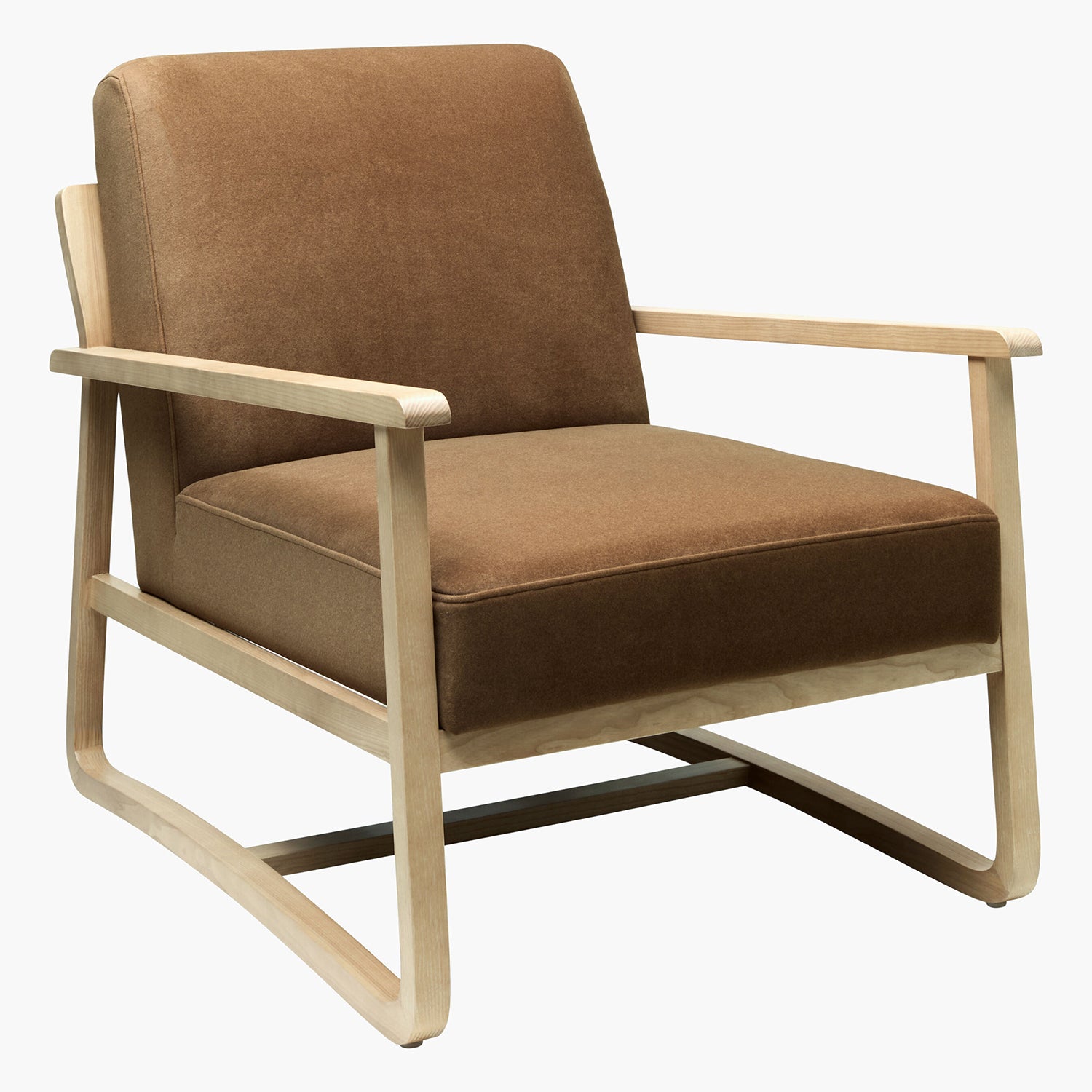 Brown armchair with wooden frame on a white background