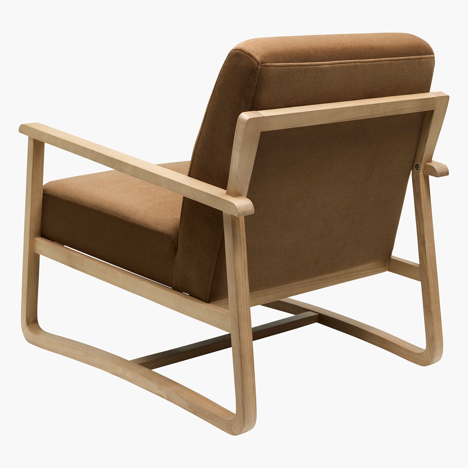 Brown armchair with wooden frame on a white background