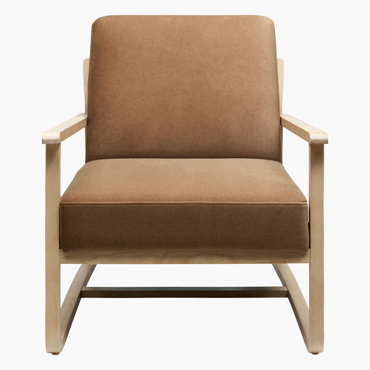 Brown armchair with wooden frame on a white background