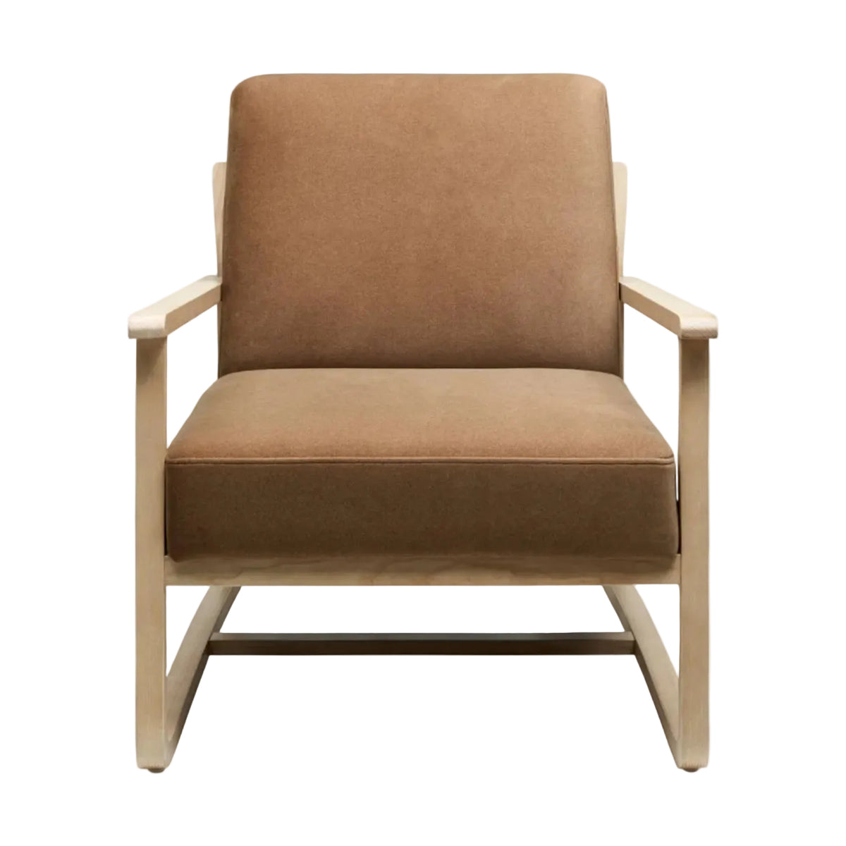 Brown armchair with wooden frame on a white background
