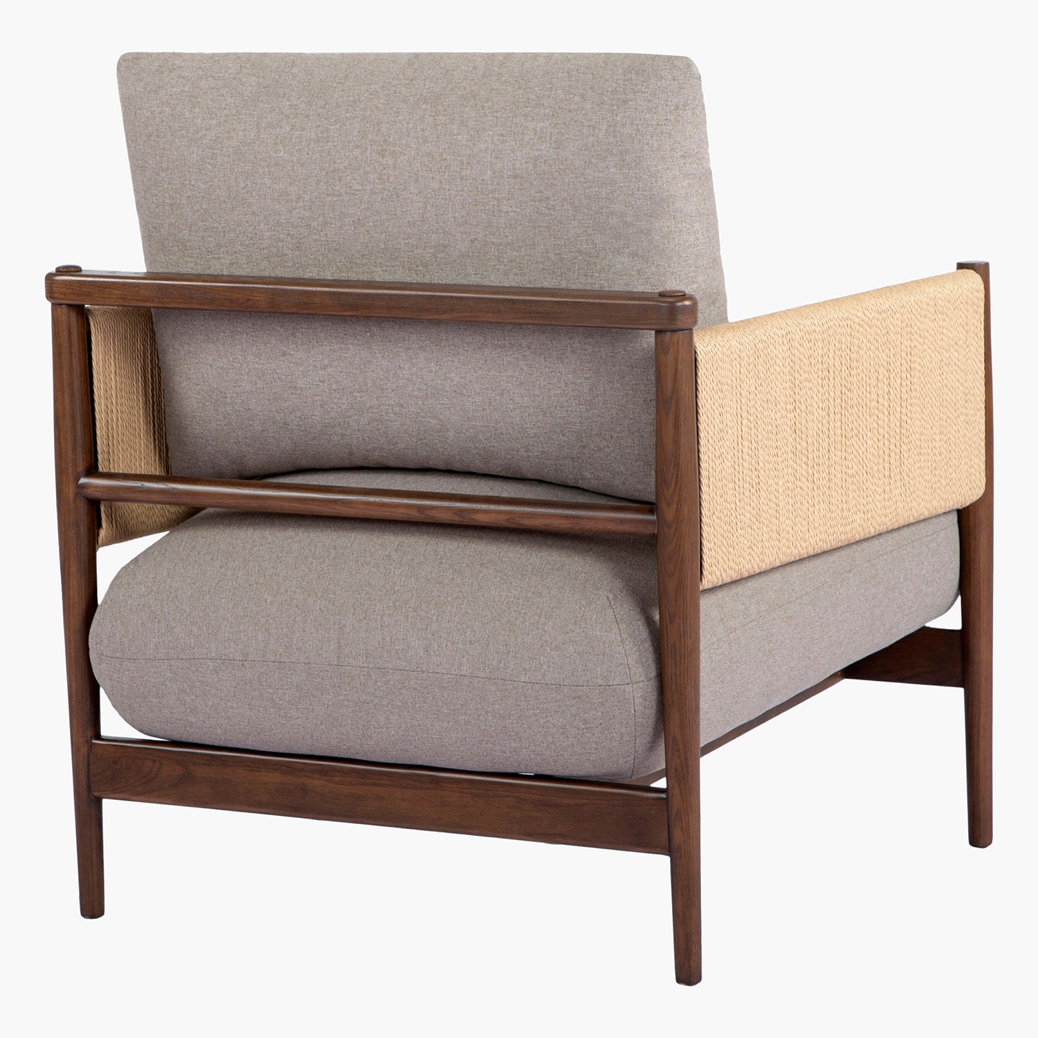 Chair with gray cushioned seat and backrest, beige armrests, and wooden frame on a white background