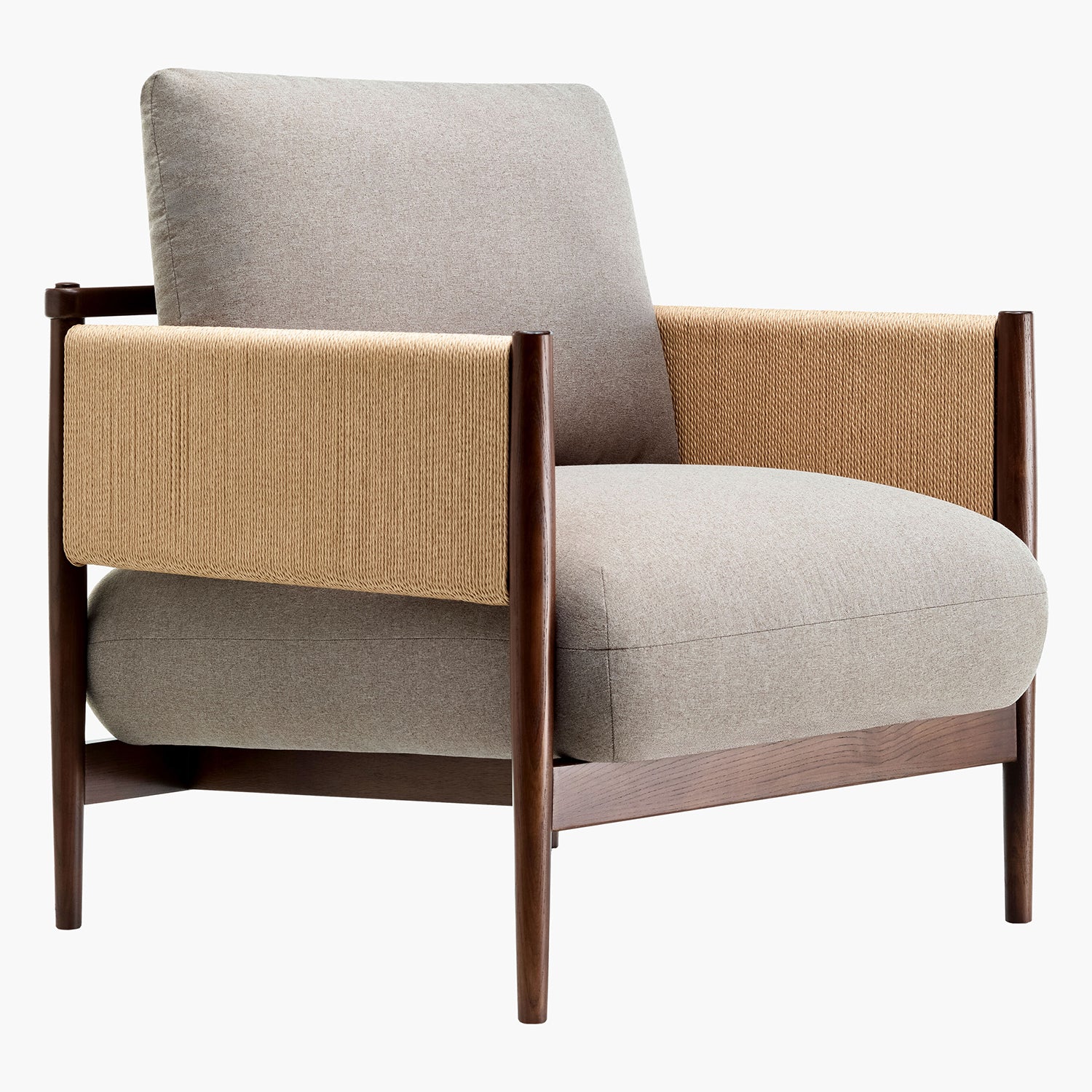 Modern armchair with beige and gray upholstery on a white background