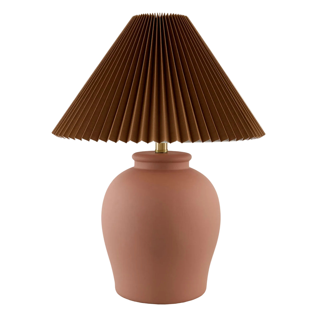 Terracotta table lamp with a pleated brown shade on a white background