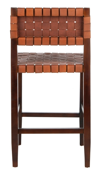 Wooden bar stool with woven seat on a white background