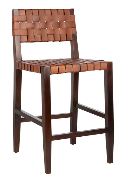 Wooden bar stool with woven brown leather seat and backrest on a white background