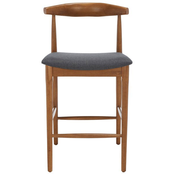 Wooden bar stool with a gray cushion on a white background