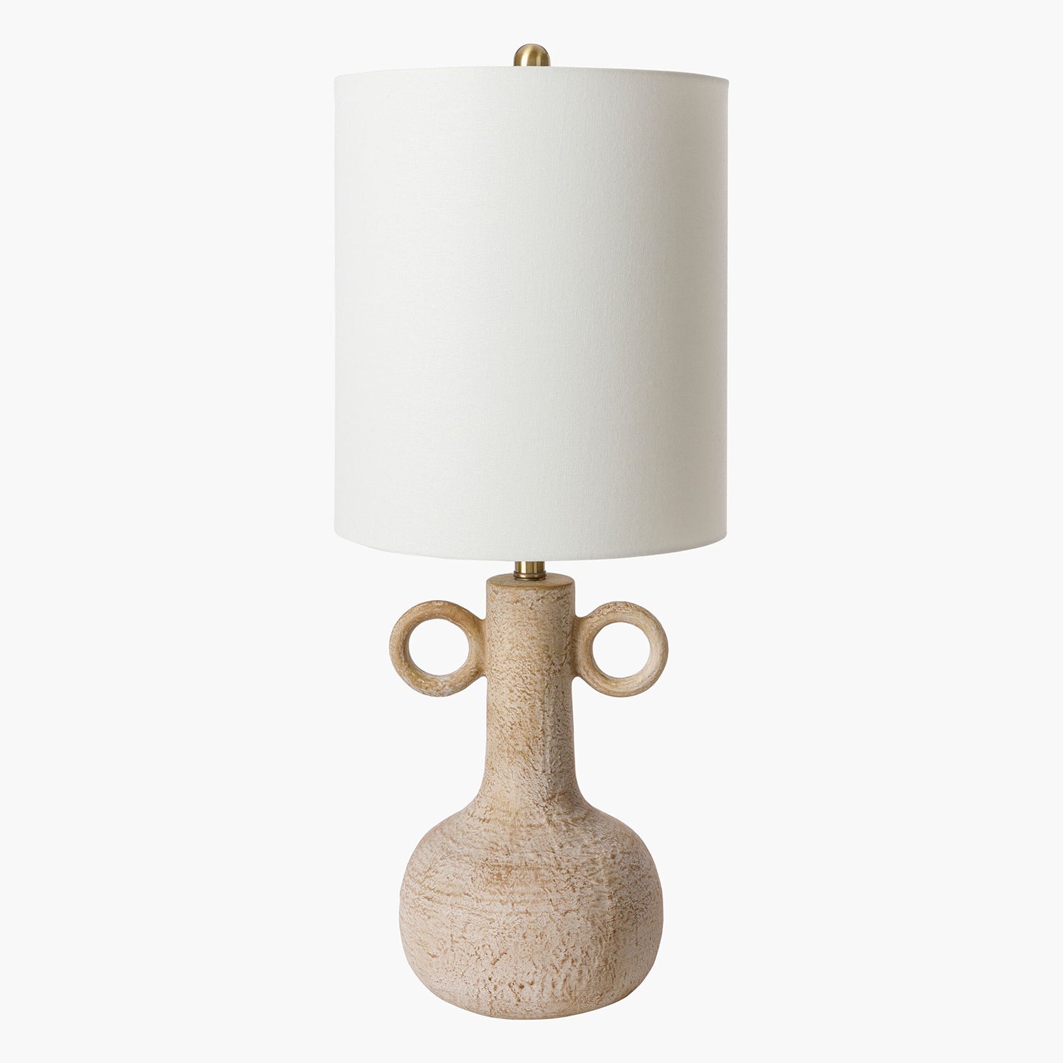 Table lamp with a textured beige base and white shade on a light gray background