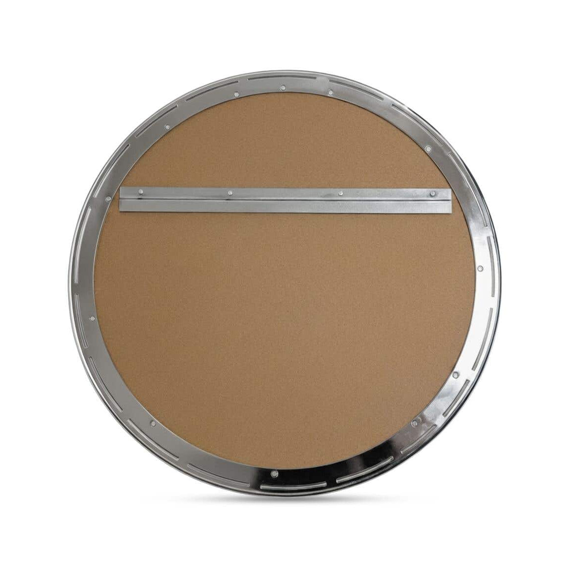Backing of round chrome mirror with chrome hanging hardware on a white background