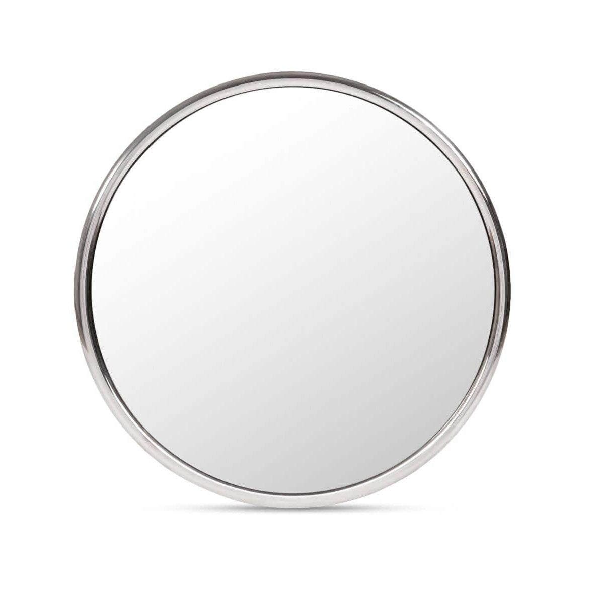 A round wall mirror with a slim silver metal frame, centered on a plain white background.