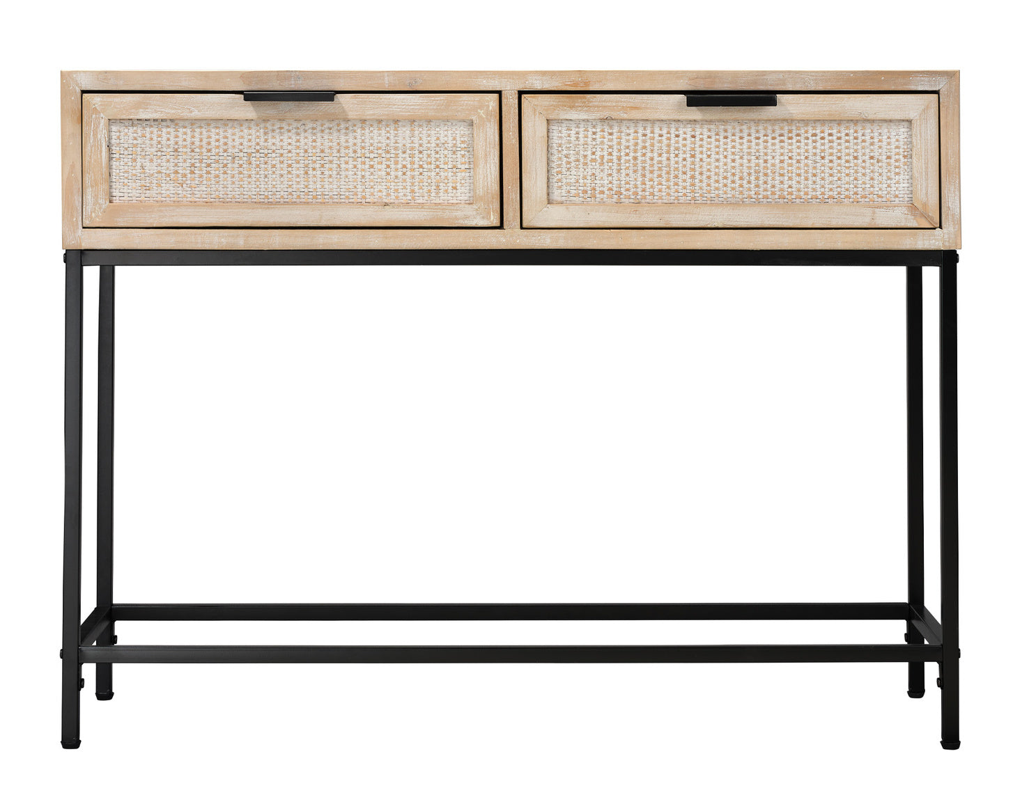 Console table with rattan doors and black metal legs on a white background