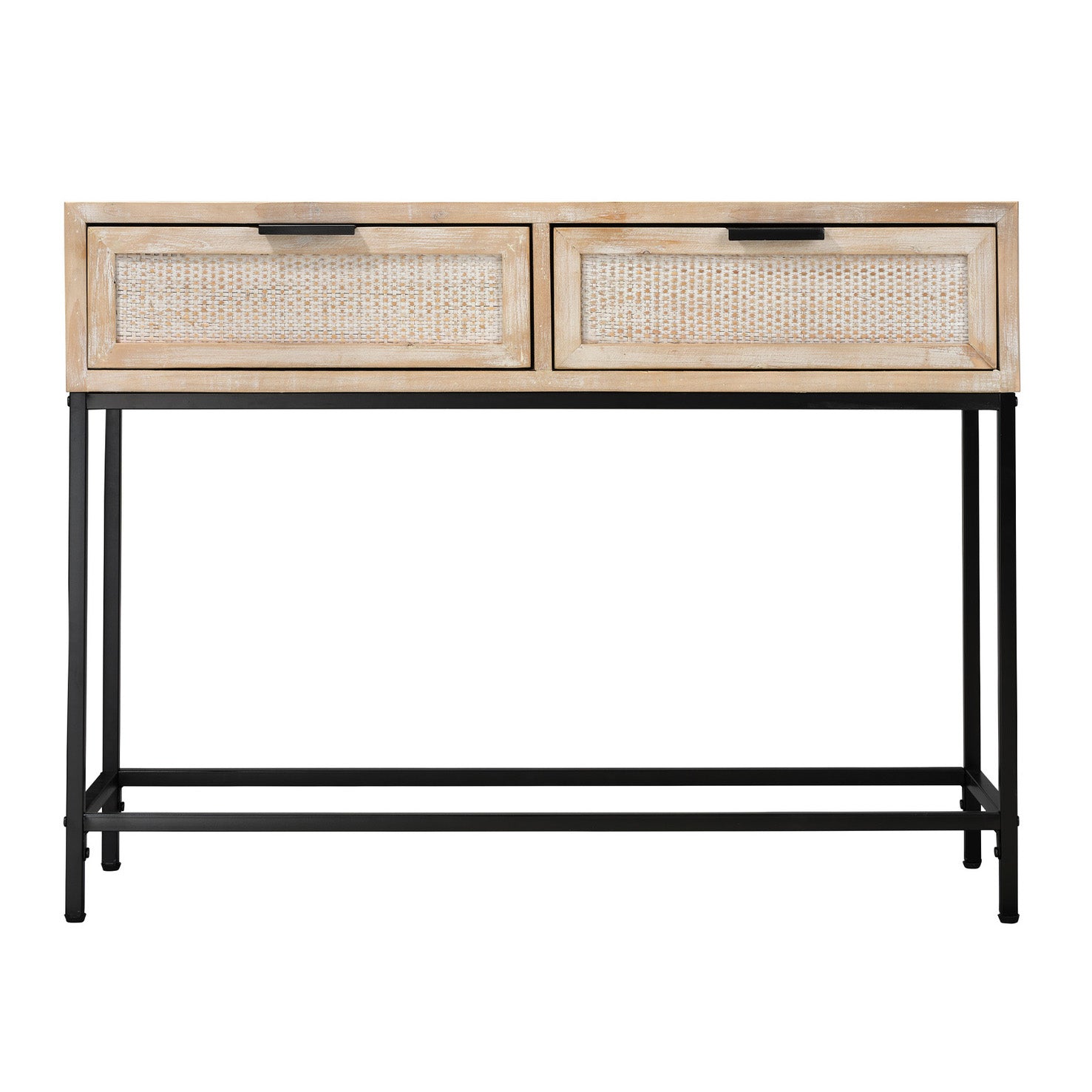 Console table with rattan drawers on a white background