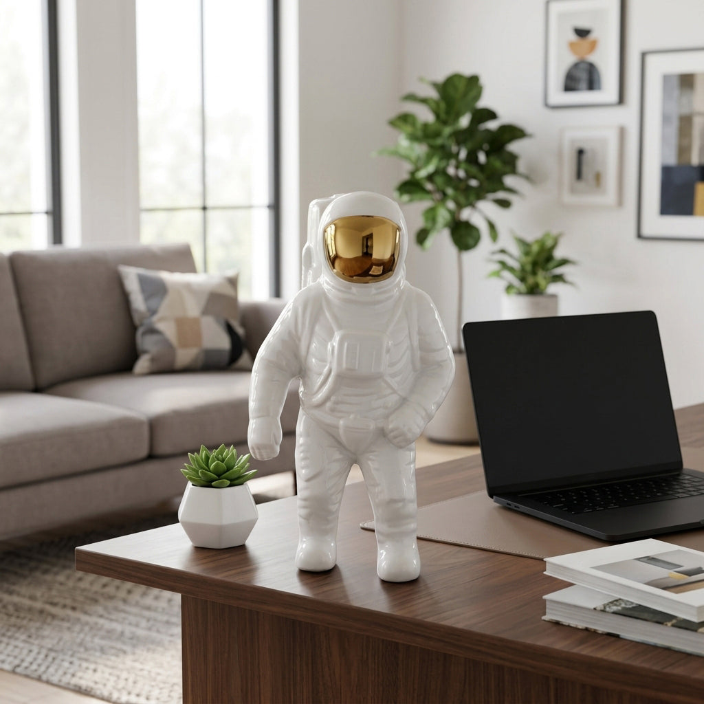 Astronaut figurine on a desk in a modern living room with a laptop and plants.