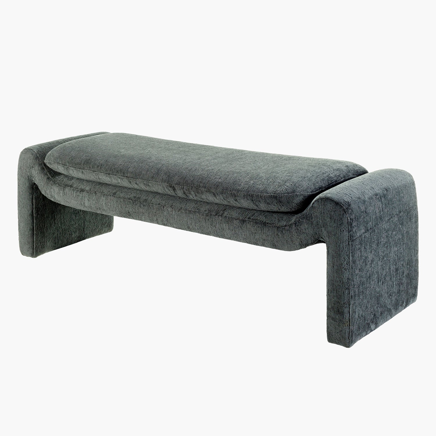 Teal upholstered bench on a white background