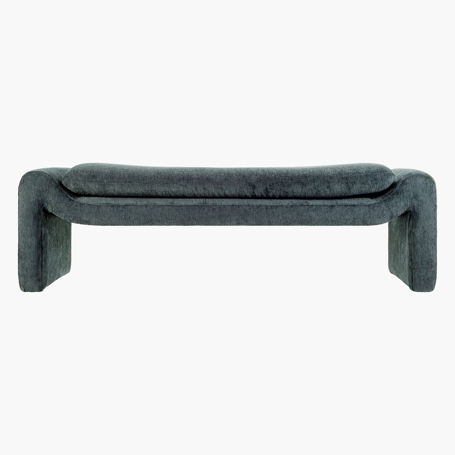 Teal upholstered bench on a white background