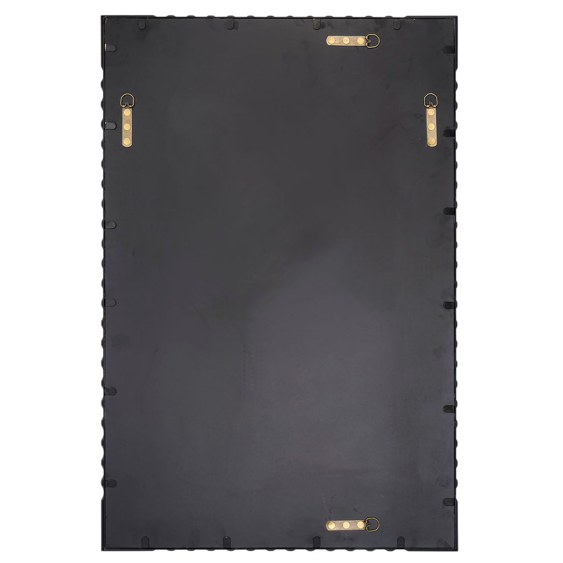 Black rectangular object with gold accents on a white background