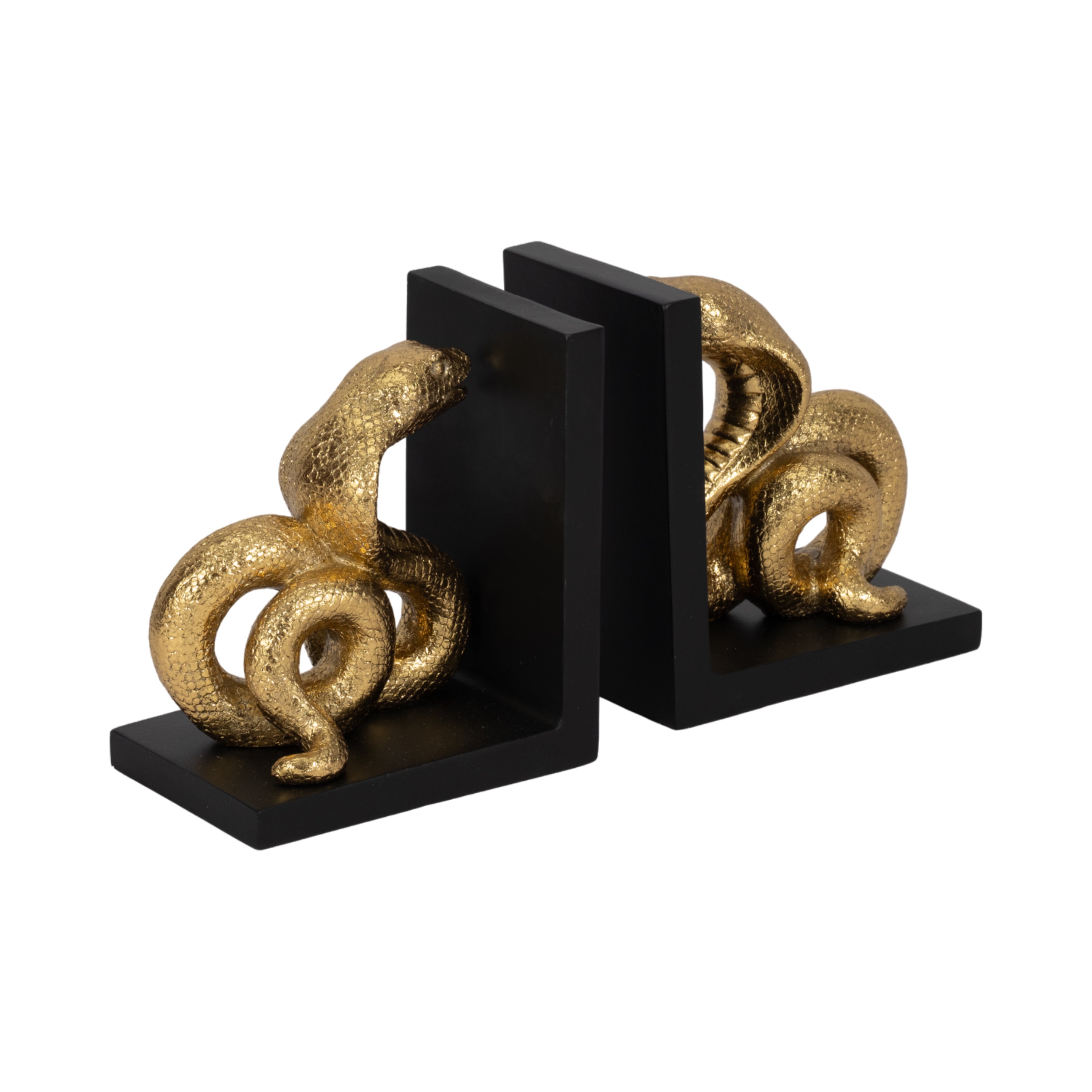 Pair of bookends with gold snake design on a white background