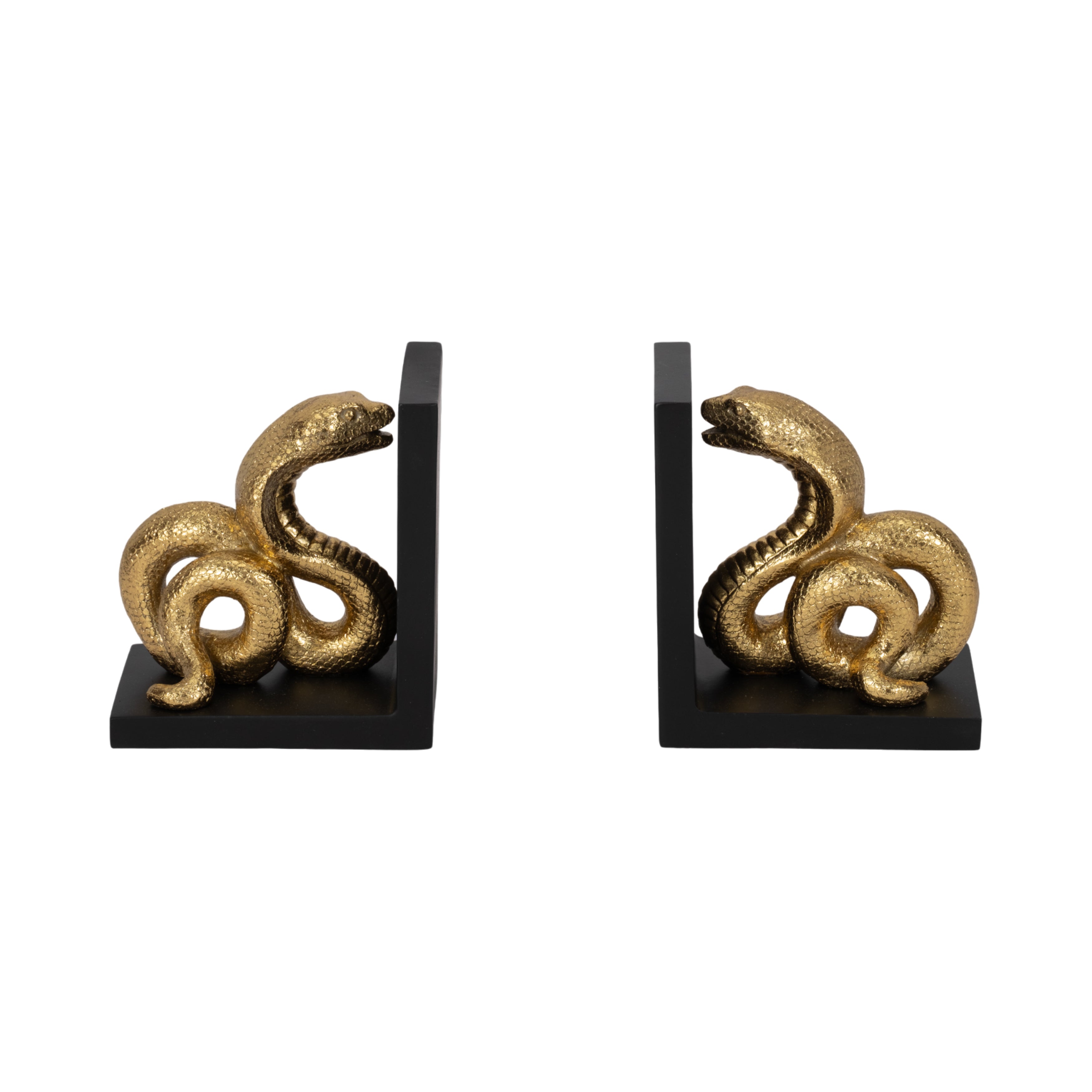 Pair of gold snake bookends on black bases against a white background