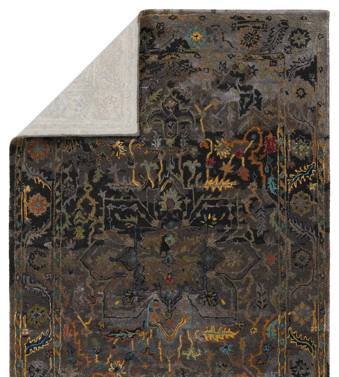 Close up of floral rug in muted colors including gray, green, gold, and turquoise.