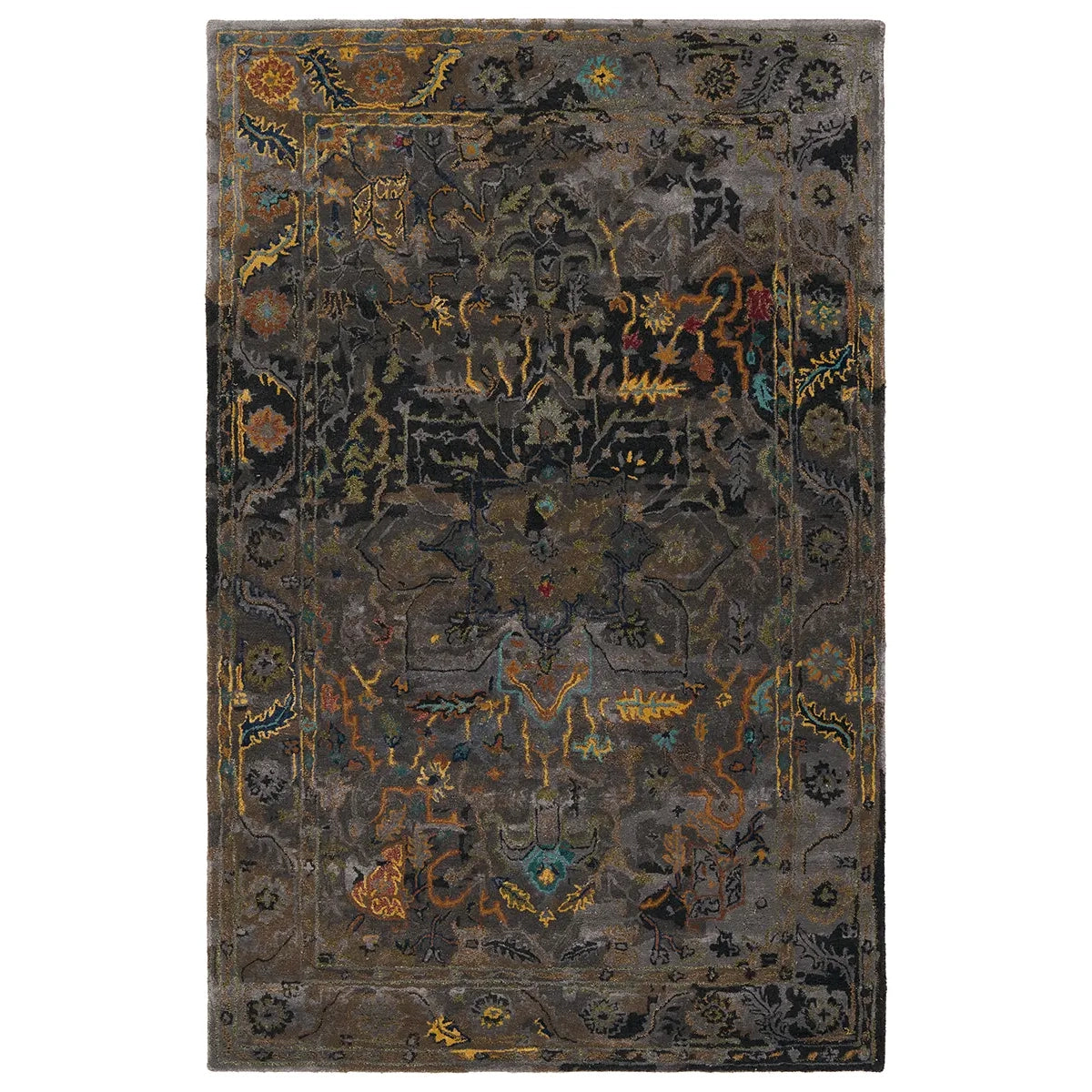 A rug with a floral pattern in muted colors including gray, green, gold, and turquoise