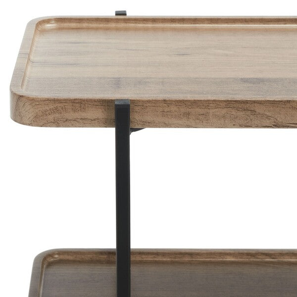 Wooden tray with metal stand on a white background